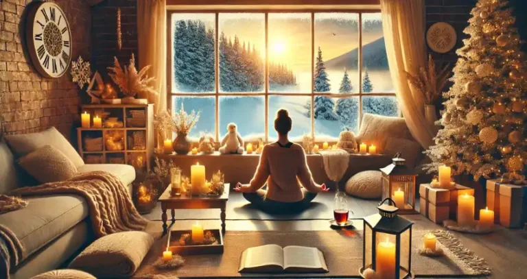 Gemütliches Winter-Wohnzimmer mit meditierender Person