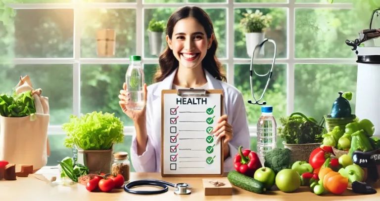 Ernährungsberaterin präsentiert Gesundheitscheckliste und frisches Gemüse