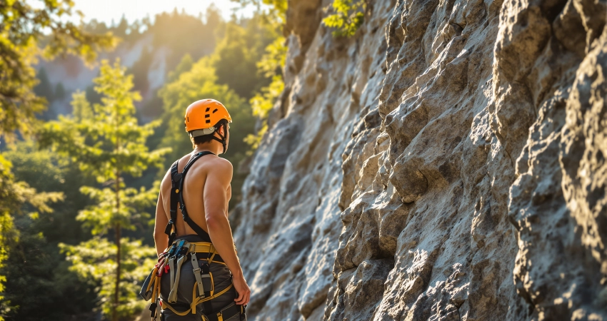 Junger Mann mit Helm und Klettergeschirr am Einstieg einer sonnenbeschienenen Naturfelswand im Bergwald