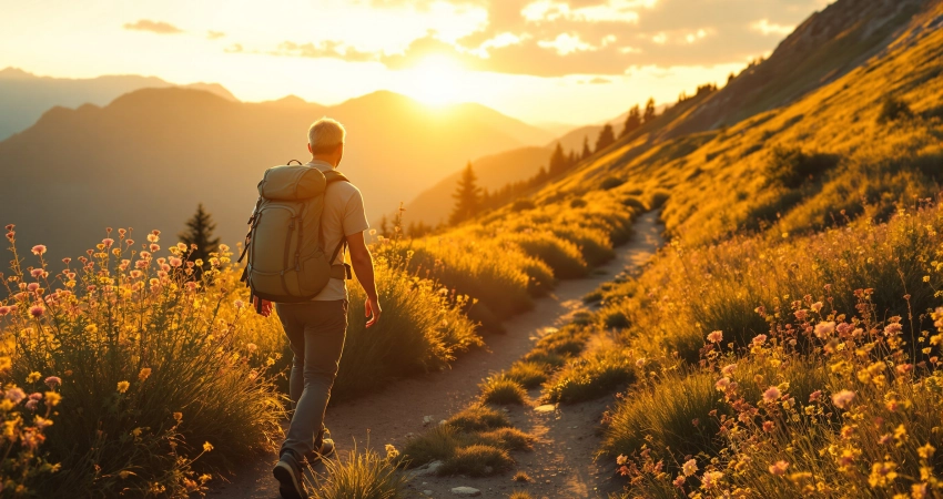 Mann mit Wanderrucksack geht bei goldenem Abendlicht einen Bergrückenweg entlang, umgeben von Wildblumenwiesen.