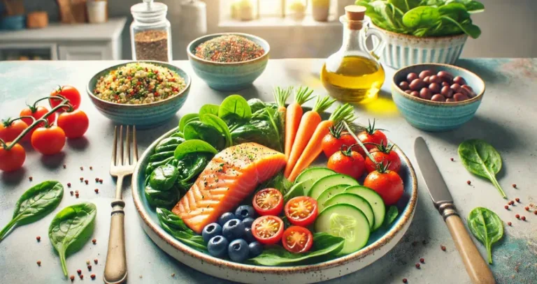 Gesundes Essen mit Lachs und frischem Gemüse