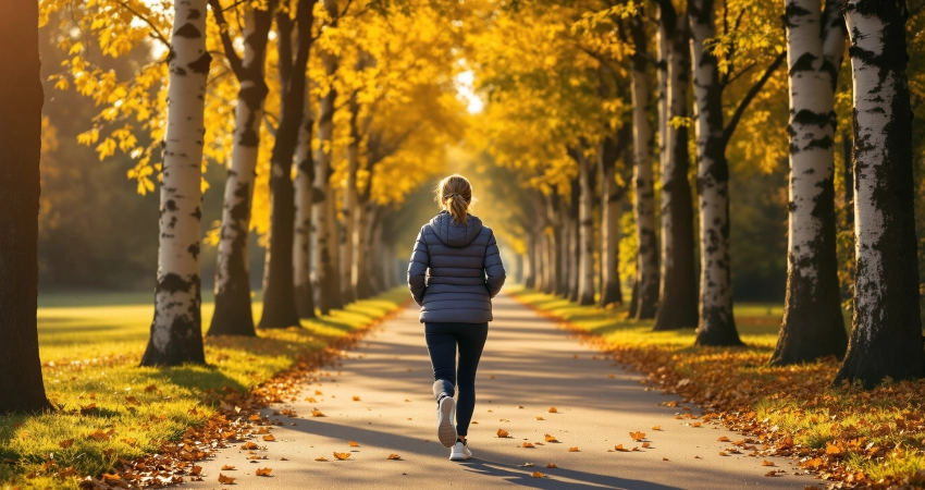 Frau geht zügig auf sonnenbeschienem Parkweg mit Birken, goldenes Herbstlicht, bunte Blätter am Boden.