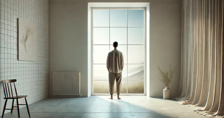 Mann blickt aus großem Fenster in Natur