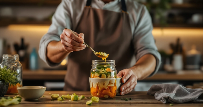 Mann löffelt fermentiertes Gemüse aus einem Glasgefäß in eine Keramikschale auf einem rustikalen Holztresen.