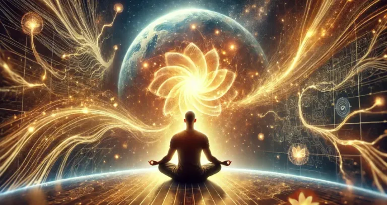 Person meditiert in kosmischer, digitaler Umgebung