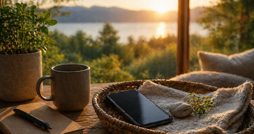 Person entspannt sich in der Natur ohne Smartphone – digitale Entgiftung für mentale Gesundheit