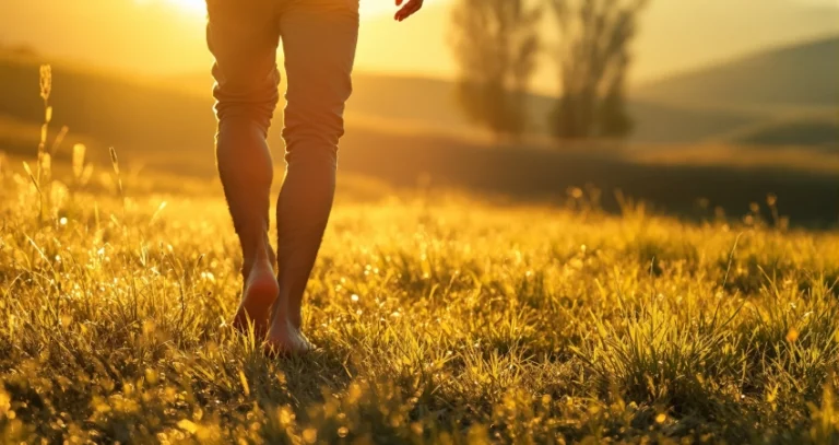 Barfüßige Person steht auf grüner Wiese – Erdung und Grounding für Gesundheit und Wohlbefinden