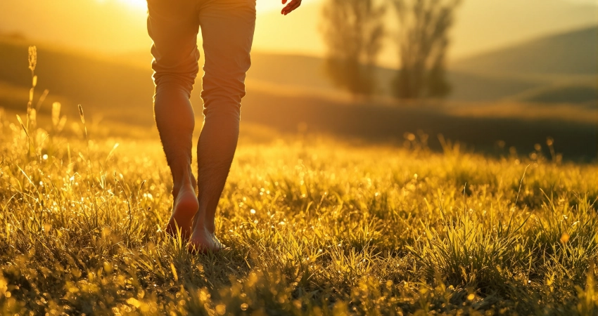 Barfüßige Person steht auf grüner Wiese – Erdung und Grounding für Gesundheit und Wohlbefinden
