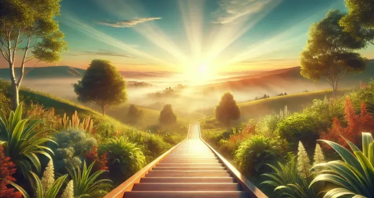 Holzweg führt in sonnige, neblige Hügellandschaft