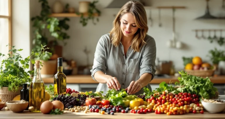 Bunte Lebensmittel auf Tisch symbolisieren Ernährungstrends zur Krankheitsprävention