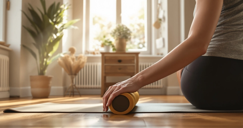Frau fördert Fasziengesundheit mit Faszienrolle auf Yogamatte für mehr Beweglichkeit und weniger Schmerzen