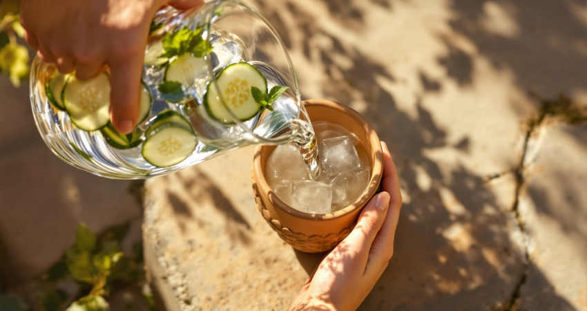 Hände gießen eiskaltes Gurken-Minz-Wasser aus einem Glaskrug in einen Tonbecher auf einer sonnenwarm Steinterrasse.