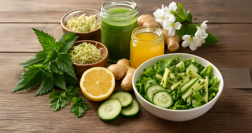 Frühjahrskur Stoffwechsel anregen – So startest du vital in den Frühling Gesunde Zutaten auf Holztisch: Salat, Sprossen, Getränke.