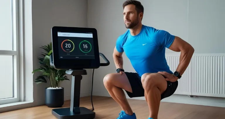 Mann macht Übungen vor digitalem Fitnessgerät