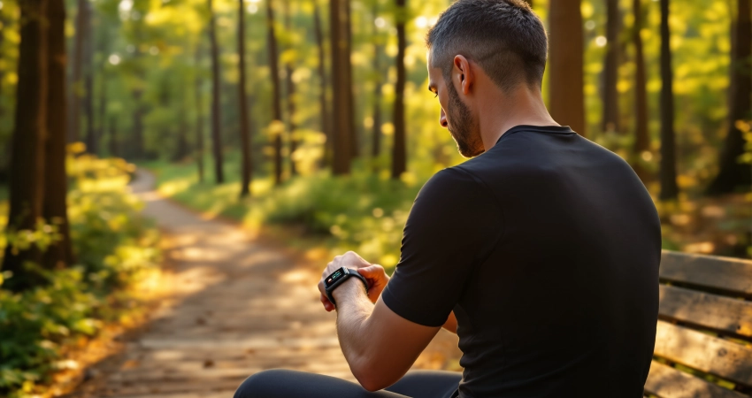 Mann in den Vierzigern liest Fitness-App auf Smartwatch, sitzend auf Holzbank am sonnenbeschienenen Waldweg im warmen Abendlicht.