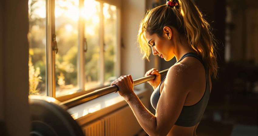 Krafttraining für Einsteiger: Tipps für Muskelaufbau Frau greift von hinten einen Barbell an einem sonnendurchfluteten Gym-Fenster, Hände gekreidet, warmes Morgenlicht auf Holzboden.