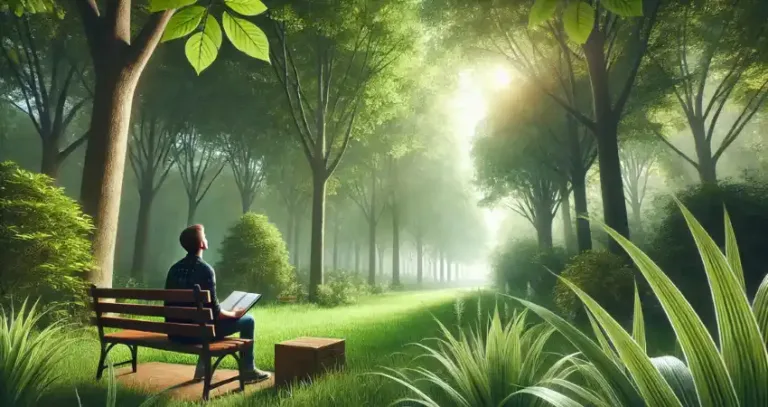 Person sitzt lesend auf Parkbank im Nebel