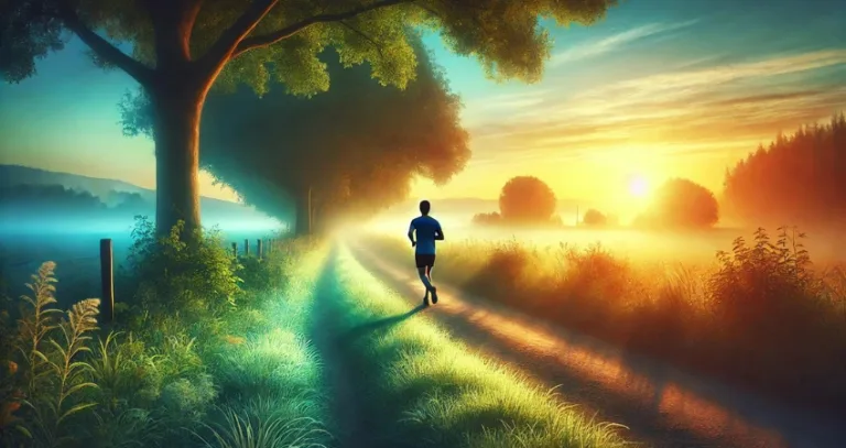 Person joggt auf Weg bei Sonnenaufgang im Nebel