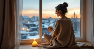 Frau in weitem Strickpullover sitzt mit dampfender Tasse auf dem Fensterbrett und blickt über verschneite Dächer in die Abenddämmerung, daneben eine kleine Leuchte