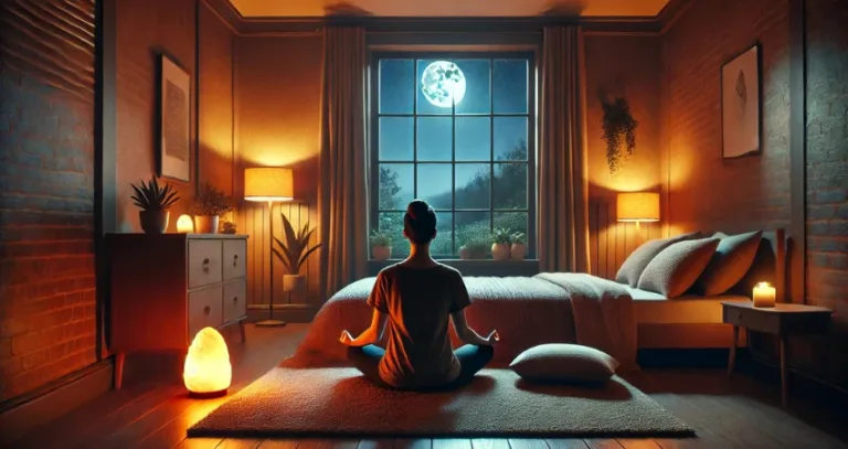 Mentale Techniken für besseren Schlaf – Eine Person meditiert in einem ruhigen Schlafzimmer bei warmem Licht und Vollmondblick.