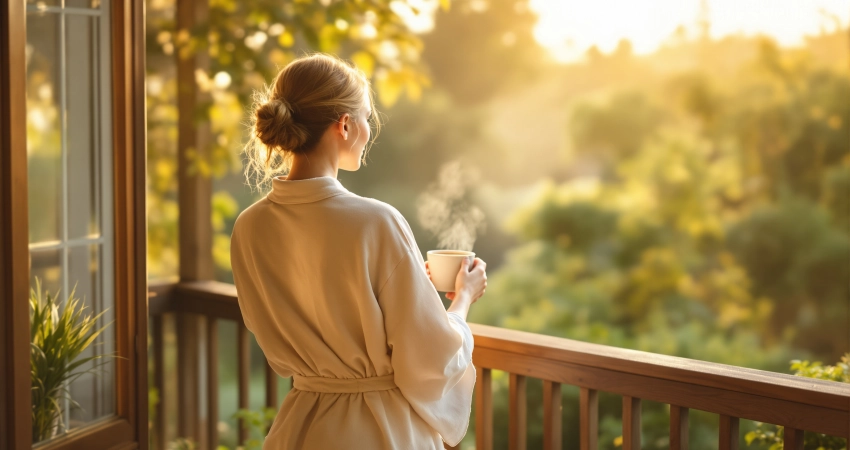 Frau im Leinenmorgenmantel steht barfuß auf sonnigem Holzbalkon mit dampfender Tasse, Blick in nebligen Garten bei Morgenröte.