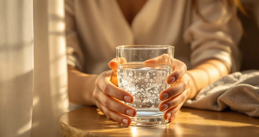 Frauenhände umfassen morgens ein warmes Wasserglas auf einem Holznachttisch, sanftes Licht durch Leinenvorhänge.