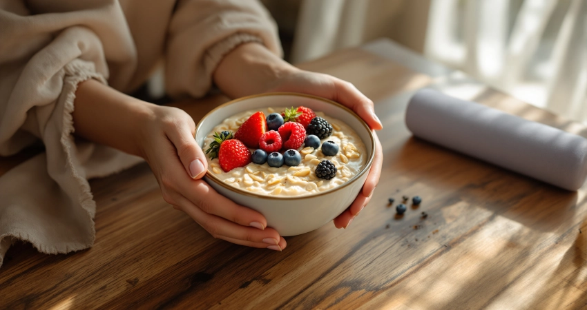 Frauenhände halten eine Keramikschüssel mit Overnight Oats und frischen Beeren auf einem Holztisch neben einer Schaumstoffrolle.