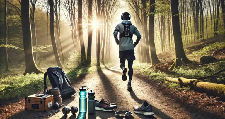 Läufer joggt morgens durch sonnigen Waldweg