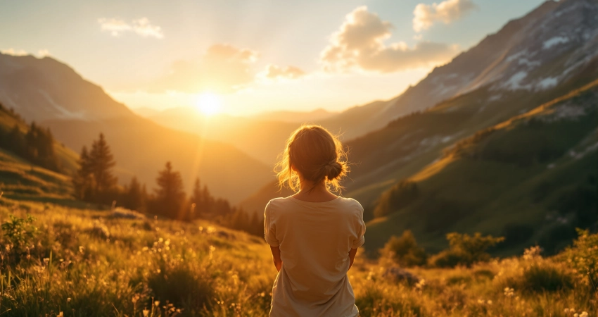 Frau von hinten auf einer sonnigen Bergwiese, Arme leicht vom Körper gestreckt, Kopf in den Himmel geneigt, goldenes Abendlicht