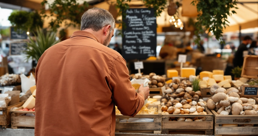 Mann im rostfarbenen Leinenhemd füllt Weizenkeime in eine Papiertüte am Marktstand neben gereiftem Käse und Pilzen