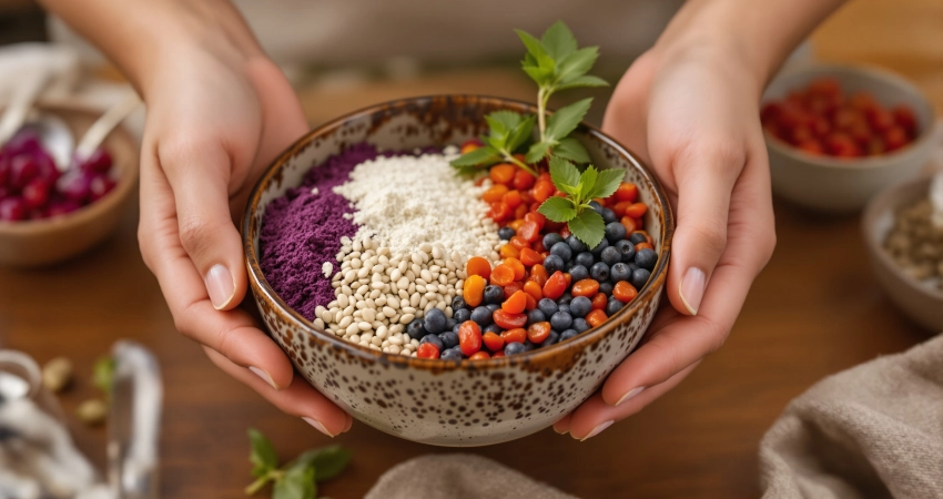 Superfoods: Fakten, Mythen & wissenschaftliche Einblicke Hände arrangieren bunte Superfoods – Açaí-Pulver, Chiasamen und Goji-Beeren – in Keramikschälchen auf Holzoberfläche.