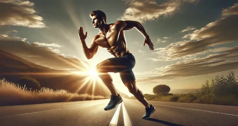 Mann sprintet bei Sonnenuntergang auf Landstraße