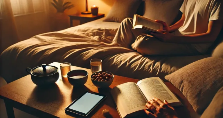 Person liest Buch bei gemütlichem Zimmerlicht