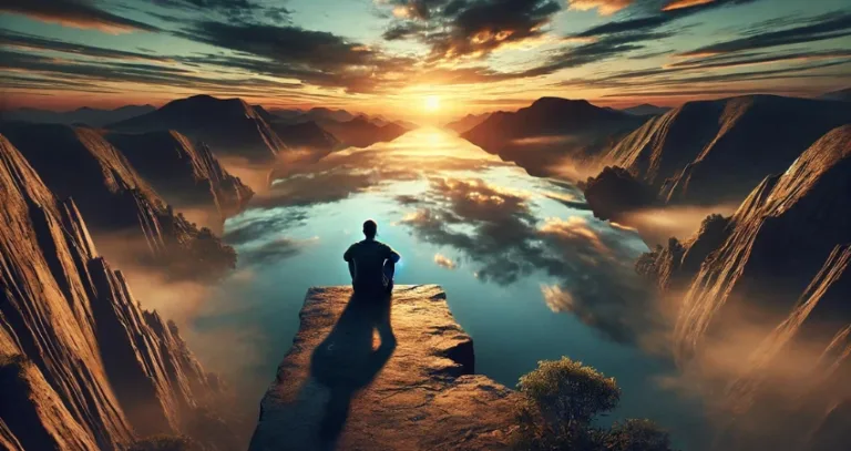 Person blickt auf Sonnenaufgang über Berglandschaft