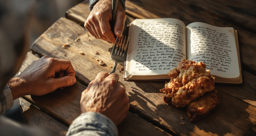 Männerhände legen eine Gabel neben ein halbgegessenes Essen auf einem Holztisch, daneben ein offenes Journal mit Notizen.