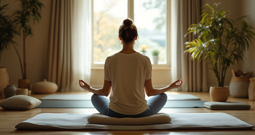 Frau sitzt von hinten im Schneidersitz auf Meditationskissen in Yogastudio, Hände auf Knien, weiches Licht durch großes Fenster.
