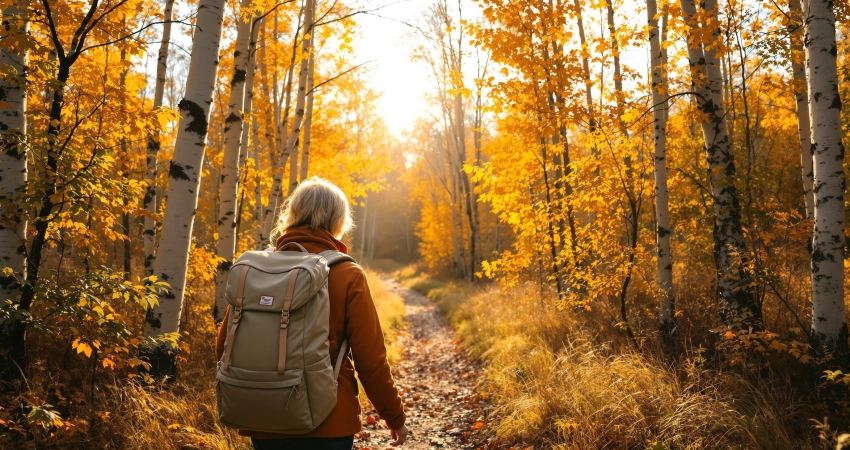 Frau mit Wanderrucksack auf herbstlichem Waldweg zwischen goldenen Birken im warmen Sonnenlicht