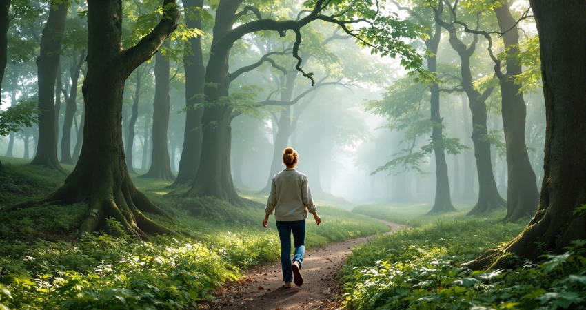 Frau mittleren Alters geht mit ausgebreiteten Armen auf einem nebligen Waldweg zwischen alten Bäumen – Waldbaden Shinrin Yoku.