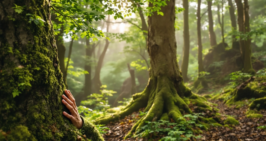 Person praktiziert Waldbaden Shinrin Yoku in einem ruhigen, grünen Wald und atmet tief die frische Waldluft ein.