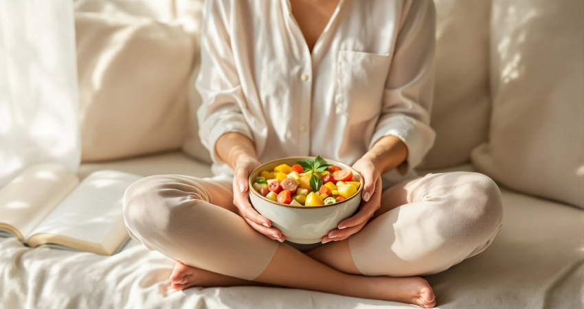 Frau sitzt mit fermentierten Lebensmitteln in einer Keramikschüssel auf dem Sofa, daneben ein Wellness-Journal im warmen Nachmittagslicht.