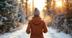 Frau in rostroter Laufjacke und Mütze joggt bei Sonnenaufgang auf verschneitem Waldweg zwischen frostigen Kiefern, Winterlauf