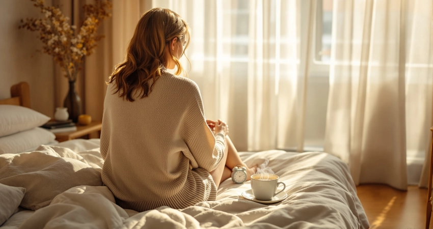 Frau auf dem Bett stellt analogen Wecker zur Zeitumstellung um, daneben dampfender Kräutertee im Morgenlicht